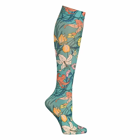 Celeste Stein® Women's Printed Closed Toe Mild Compression Knee High Stocking - Turquoise Lilies 1 Celeste Stein® Women's Printed Closed Toe Mild Compression Knee High Stocking - Turquoise Lilies