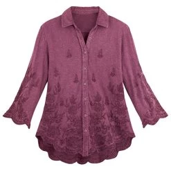 Scalloped Edge Embroidered Shirt-Raspberry