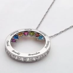Personalized Sterling Silver MOM Name With Birthstones Circle Pendant -Fashion Paradise HAY022 c