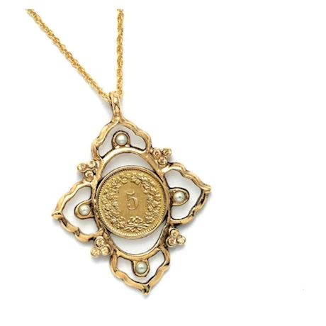 Victorian Inspired Swiss Coin Pendant With Glass Pearls 1 Victorian Inspired Swiss Coin Pendant With Glass Pearls