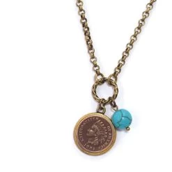 Indian Head Cent With Genuine Turquoise Bead Coppertone Pendant