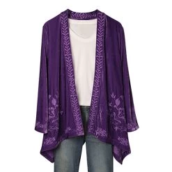 Women's Floral Embroidered Velvet Kimono Cardigan
