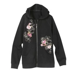 Women's Floral Embroidered Full Zip Hoodie -Fashion Paradise TB0562 BLACK A FRONT REV