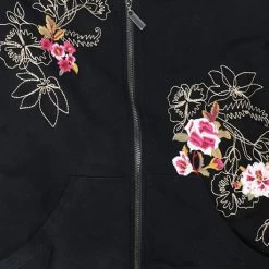 Women's Floral Embroidered Full Zip Hoodie -Fashion Paradise TB0562 BLACK C DETAIL
