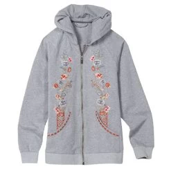 Women's Floral Embroidered Full Zip Hoodie -Fashion Paradise TB0562 GRAY A FRONT REV