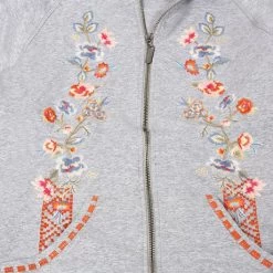Women's Floral Embroidered Full Zip Hoodie -Fashion Paradise TB0562 GRAY C DETAIL