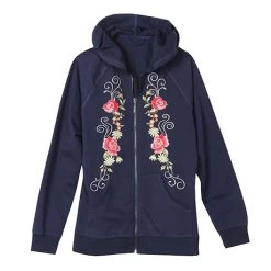 Women's Floral Embroidered Full Zip Hoodie -Fashion Paradise TB0562 NAVY A FRONT REV