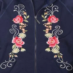 Women's Floral Embroidered Full Zip Hoodie -Fashion Paradise TB0562 NAVY C DETAIL