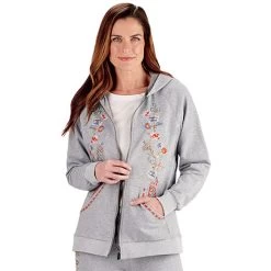 Women's Floral Embroidered Full Zip Hoodie -Fashion Paradise TB0562 TB0572 OnFig Grey 01017