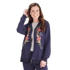 Women's Floral Embroidered Full Zip Hoodie -Fashion Paradise TB0562 TB0572 OnFig Navy 00972
