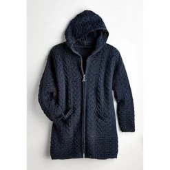 Brigid Hooded Irish Aran Cardigan-Navy