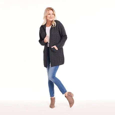 Brigid Hooded Irish Aran Cardigan-Gray 3 Brigid Hooded Irish Aran Cardigan-Gray - Image 3