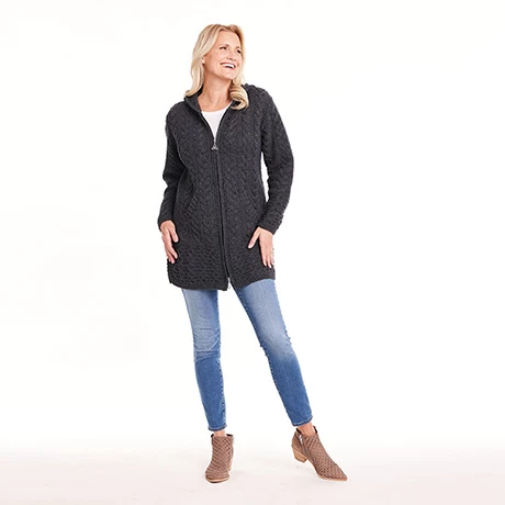 Brigid Hooded Irish Aran Cardigan-Gray 2 Brigid Hooded Irish Aran Cardigan-Gray - Image 2